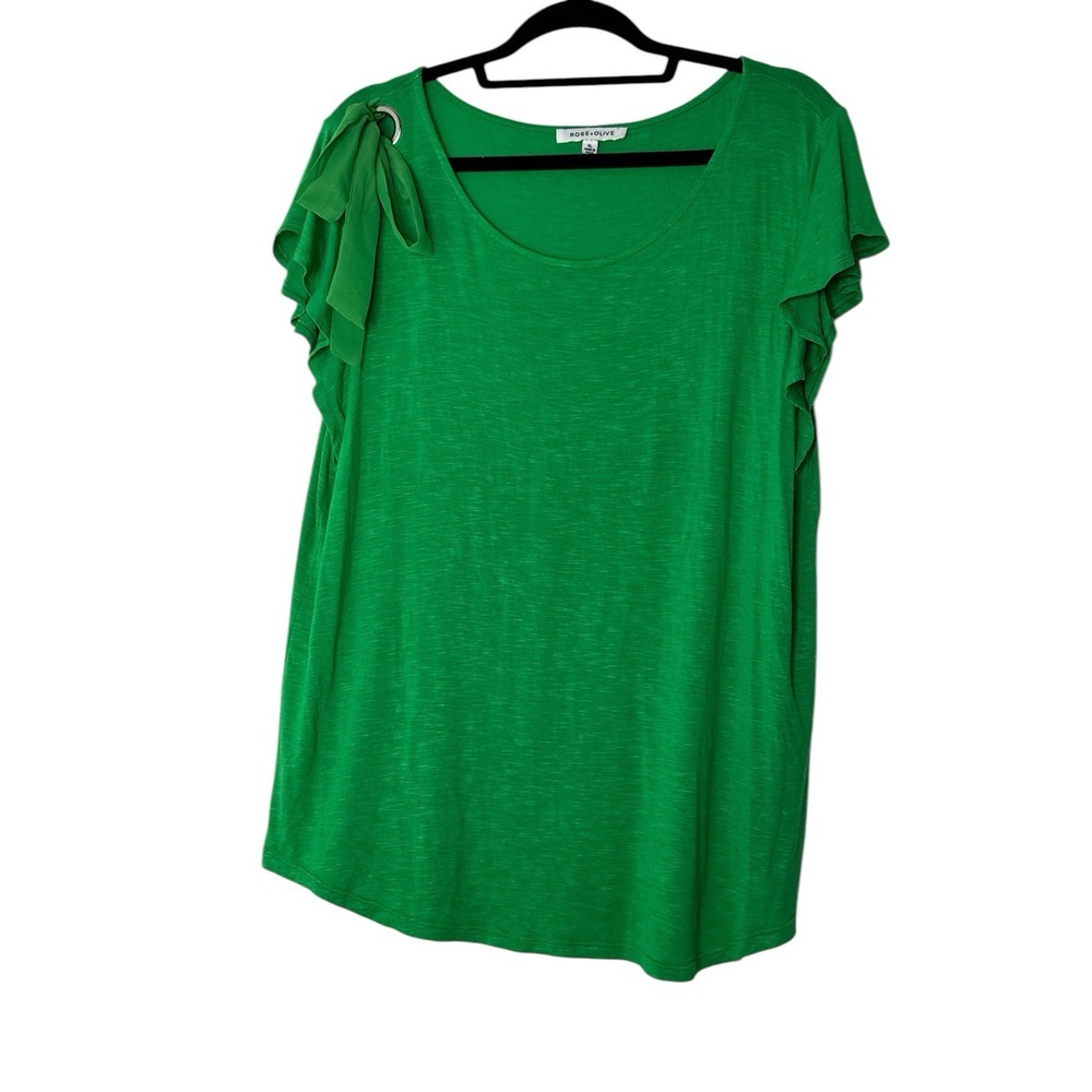 Rose+Olive Blouse Women Size XL Green Top Bow Detail Short Sleeve Stretch Formal